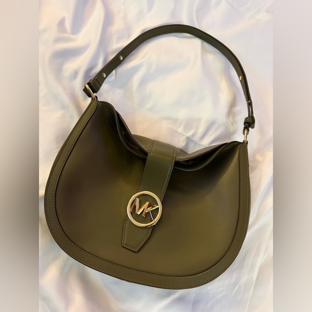 Michael Kors Dark Green Leather Shoulder Bag hobo style mk logo trendy classic